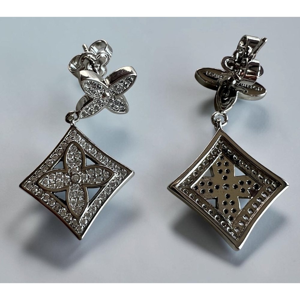 Louis Vuitton Silver LV Monogram Flower Crystal Dangle Drop Earrings (LVXX020) - Picture 5 of 7